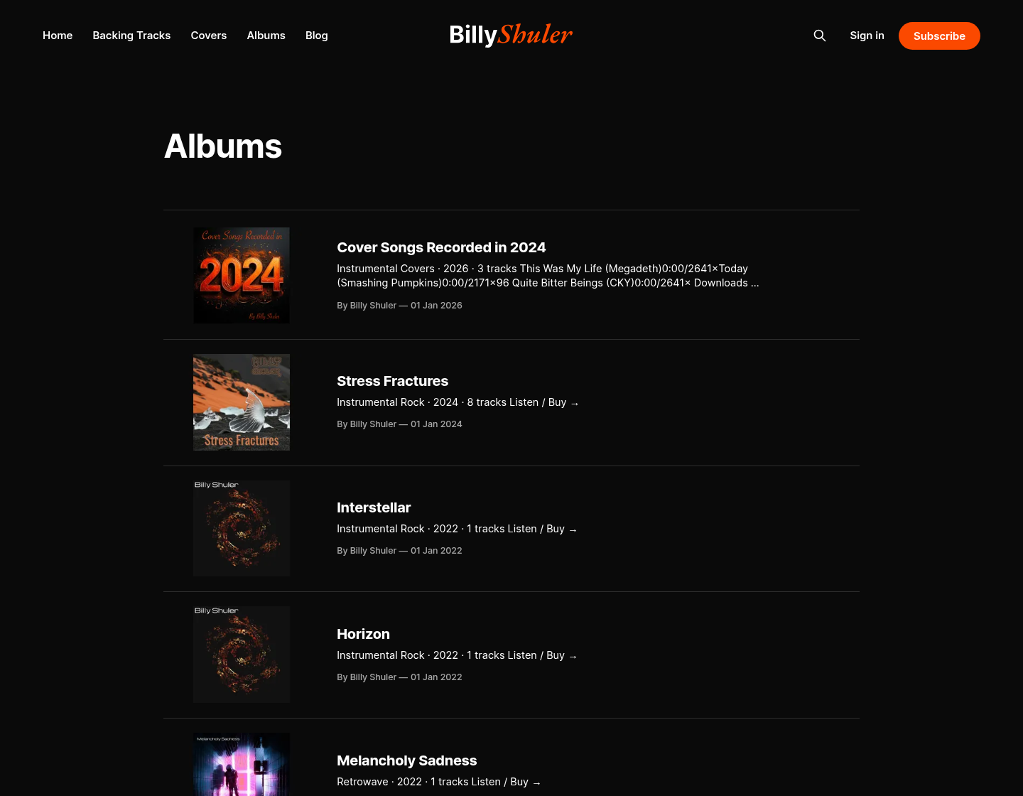 The Albums page listing original instrumental releases