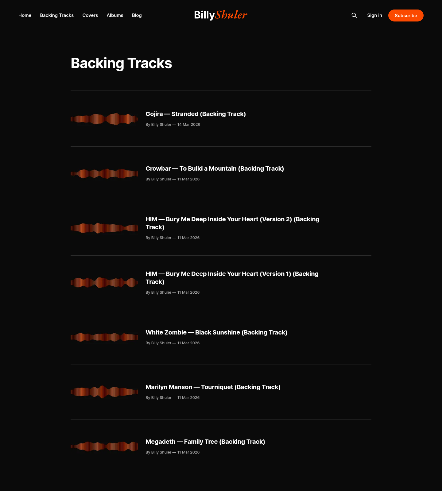 The Backing Tracks page listing free downloadable tracks