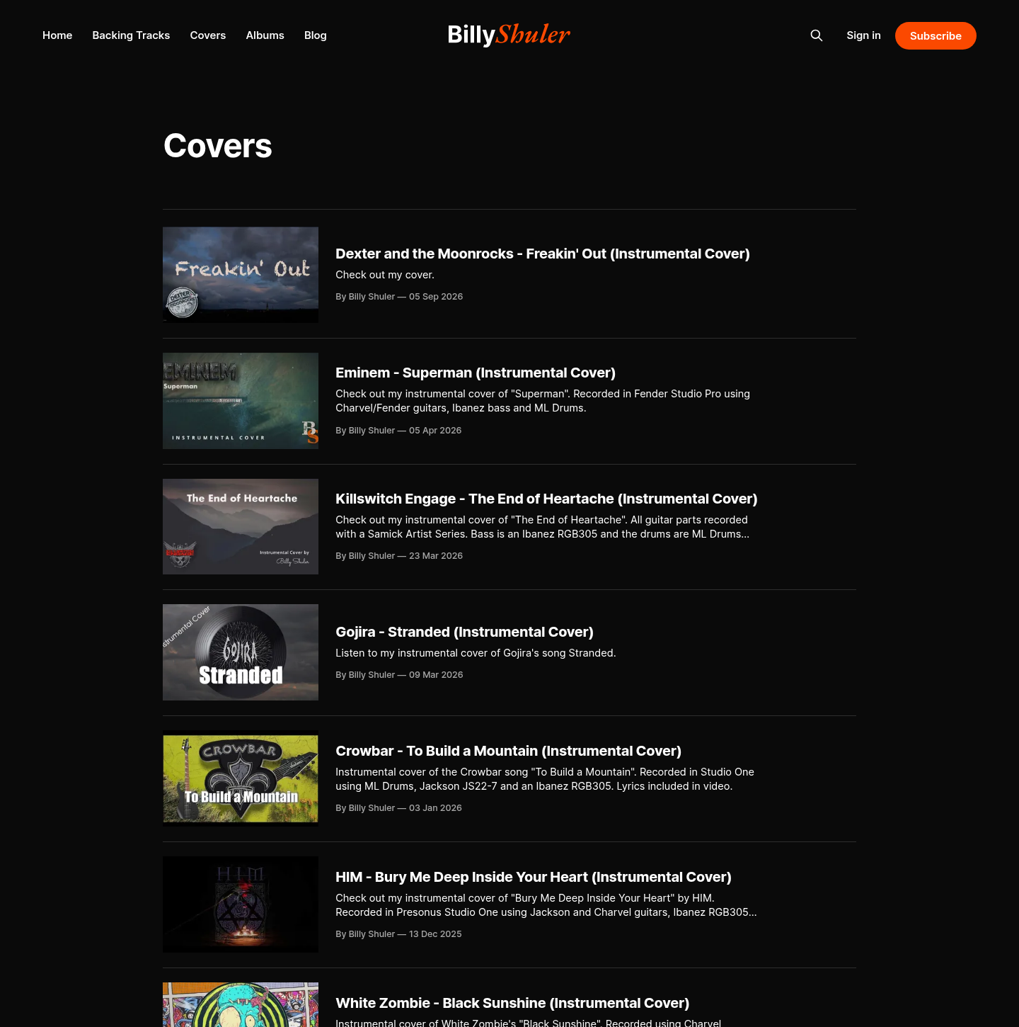 The Covers page with instrumental cover songs