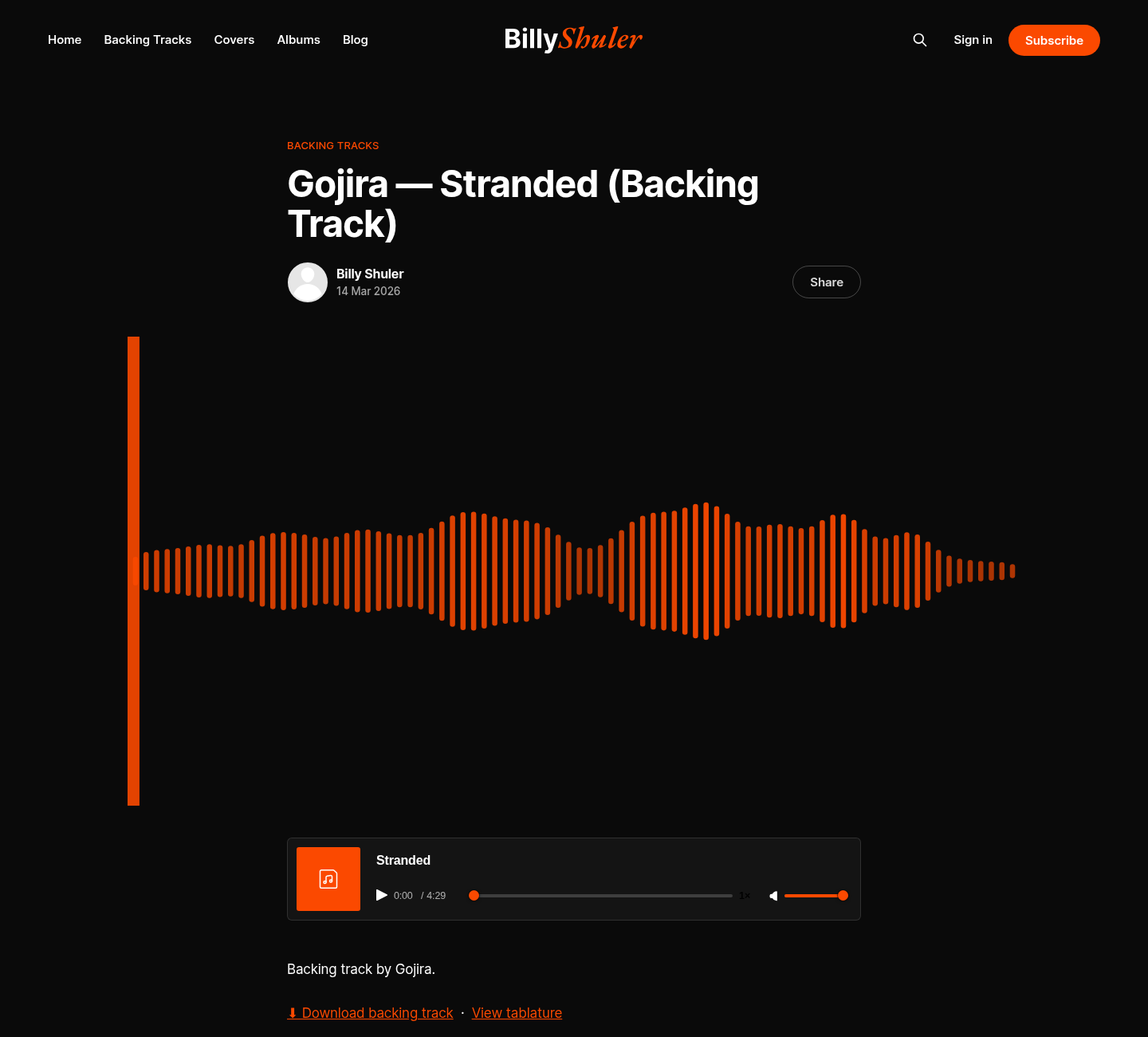 A backing track post with the audio player, download button and tab link