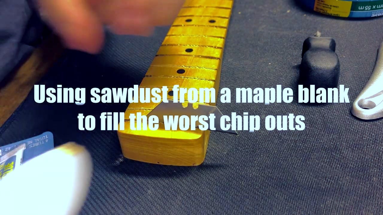Filling chip-outs with maple sawdust and glue