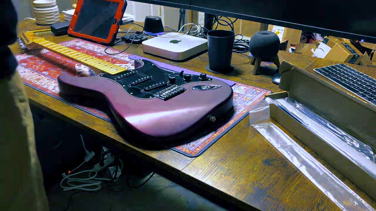 Stratocaster with the neck removed on the bench